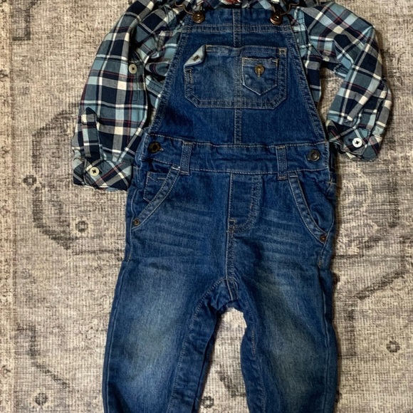Vintage Genuine Kids From Oshkosh Plaid Print Shirt & Denim Overalls - Picture 9 of 15